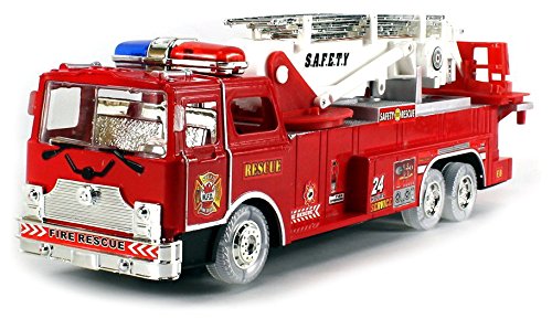 Velocity Toys VT MFD Fire Rescue Zero Team Battery Operated Bump & Go Toy Fire Truck w/ Flashing Lights, Sounds, 360° Rotating Extending Crane, Light Up Wheels