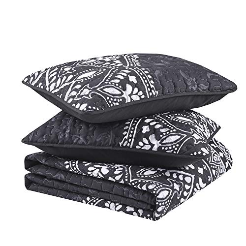 Comfort Spaces CS14-1337 Reversible Quilt Set-Vermicelli Stitching Design All Season, Lightweight, Coverlet Bedspread Bedding, Matching Shams, King (104 In X 90 In), Ava Medallion Black 3 Piece thumb #3