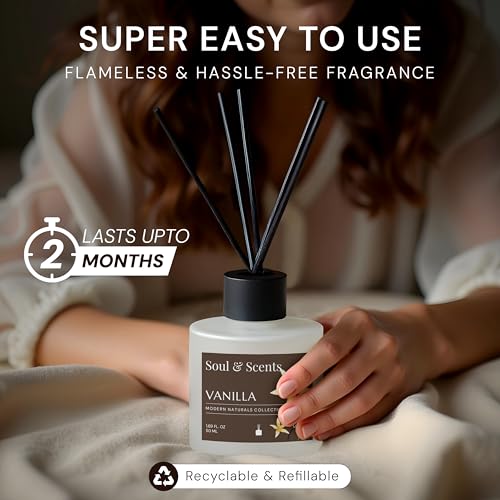 Image of Soul & Scents 50ml Vanilla Reed Diffuser Set | Blend of Toasted Coconut, Vanilla & Musk | Get 5 Rattan Reed Sticks | Smoke Less Room Freshener for Home, Bedroom, Living Room & Office