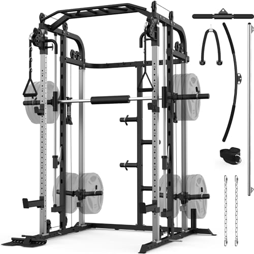 Smith Machine, Multifunctional Power Cage Rack with Smith Bar and Cable Pulley System, and LAT Pull Down Machine for Home Gym…