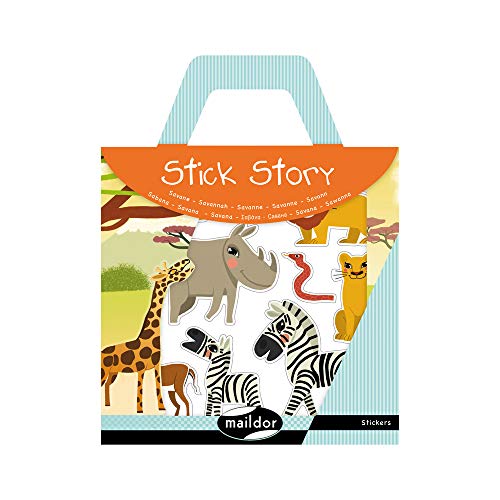 Maildor 566402O Packung Stick´Story, 4 Stickerbögen und 2 Kulissen, ideal für Kinder ab 5 Jahren, 1 Pack, Savane
