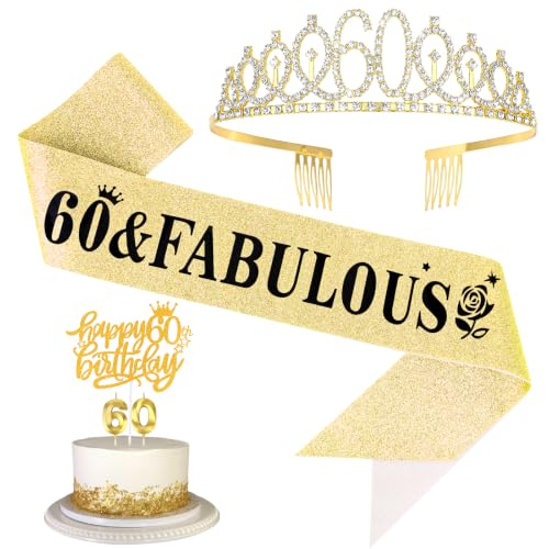 CIEHER 4Pcs Gold 60 Tiara and Sash, Number 60 Candles Birthday Cake Topper