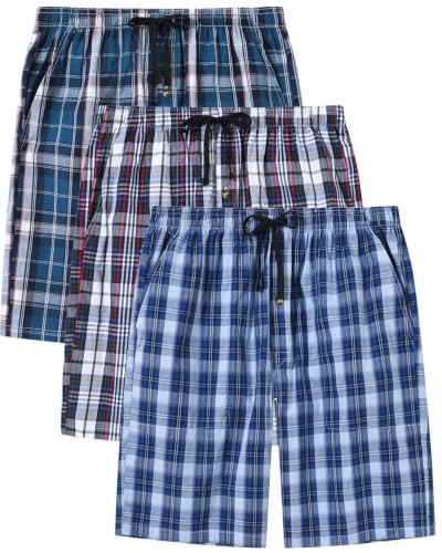 Image of MoFiz Men's Cotton Pyjama Lounge Shorts 3-Pack Checked Button Fly Pyjama Bottoms Sleepwear Shorts with Pockets Size 2XL