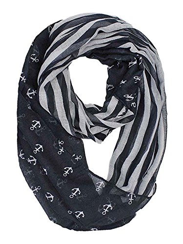 Luxury Divas Black & Gray Striped Anchor Print Lightweight Circle Scarf