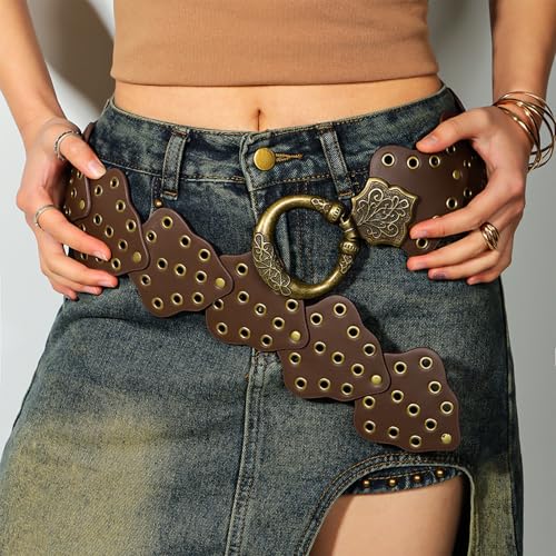NICENEEDED Women Wide Disc Belt, Women's Y2k Vintage Leather Hollow Out Round Belts Chunky Cowgirl Belt, Metal Buckle Western Boho Chic Dress Waist Belt2