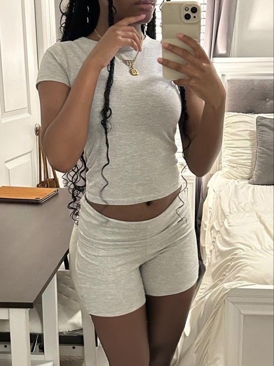 Image of AYWA Women's Two Piece Sets Summer Slim Fitted Short Sleeve Tops Foldover Shorts Matching Lounge Sets