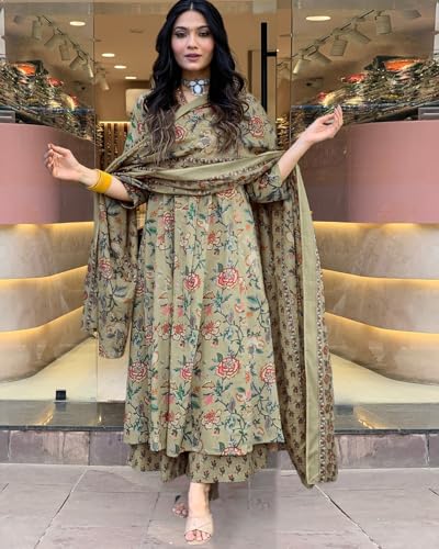 Image of GoSriKi Women's Rayon Viscose Anarkali Printed Kurta with Palazzo & Dupatta