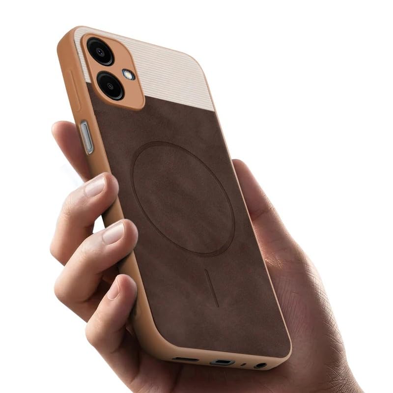 Image of Bintage CASE Mac Safe Design Hard Light Weight Back Case | Soft Border Camera Protect | Dual PU Leather Finish Back Cover Compatible for Samsung Galaxy A06 5G - White & Cherry Brown