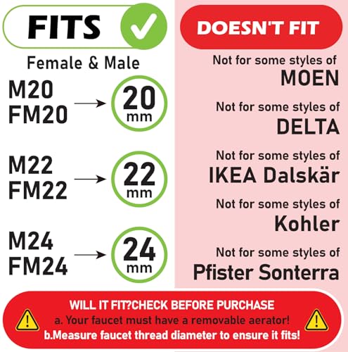 Spurtar Bad Wasserhahn Aufsatz Drehbarer Wasserhahn Verlängerung, 1440 Schwenkbarer Wassersparer für Wasserhähne Küche Sieb Wasserspareinsatz Verlängerungshahn für for M20 M22 M24 FM20 FM22 FM24