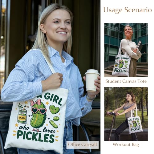 Funny Pickle Tote Bag, Pickle Lover Gifts Canvas Tote Bags for Women, Just a Girl Who Loves Pickles Reusable Grocery Shopping Bags2