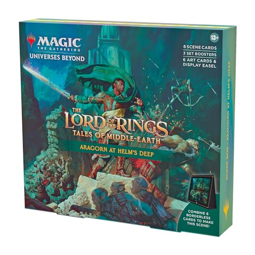 Magic The Gathering The Lord of The Rings: Tales of Middle-Earth Scene Box – Aragorn at Helm’s Deep (6 Scene Cards, 6 Art Cards, 3 Set Boosters + Display Easel)