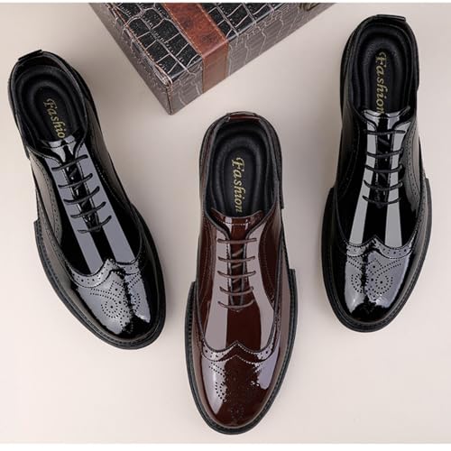 Men's Patent Leather Carved Brogue Oxford Shoes with Adjustable Laces, Casual Thick Sole Business Shoes4