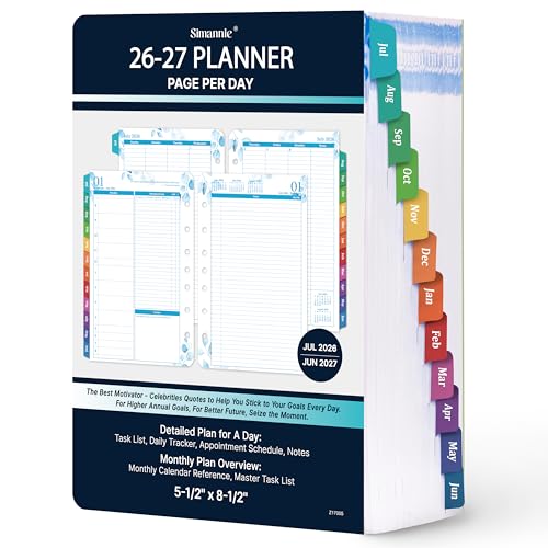 Planner Refills 2026-2027 July 2026 - June 2027 2026-2027 Planner Refills Two Pages Per Day Daily Monthly 8.38 x 5.51 Ring-Bound with Colorful Tabs