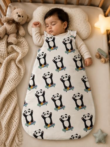 Image of TuddyBuddy Baby Cotton Wearable Quilted Sleeping Bag Blanket 1.5 Tog with 1 Way Zipper Closure | Ideal for Babies & Kids Hypoallergenic Fabrics | (Panda Hands in the Air AOP - Beige, 2-3 Years)