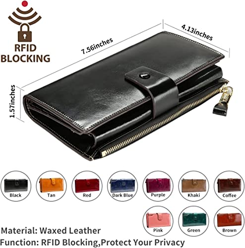 Image of Itslife Womens RFID Blocking Large Capacity Luxury Wax Genuine Leather Wallet Clutch Ladies Card Holder, Black