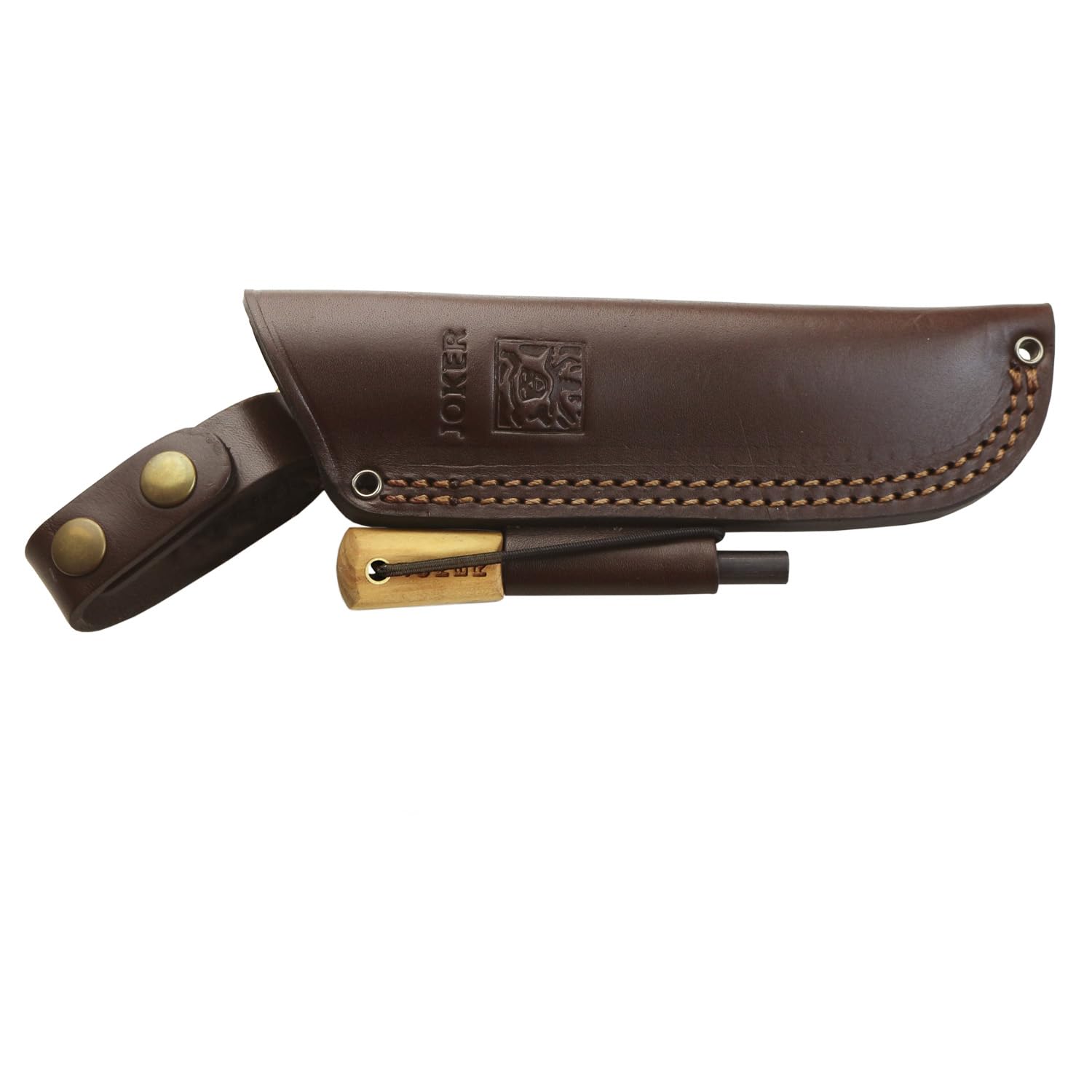 Joker Nessmuk CO136-P Bushcraft Messer mit Feuerstahl 11 cm Sandvik 14C28N Full Tang Olivenholz Griff inklusive Lederscheide Outdoor Camping Made in Spanien
