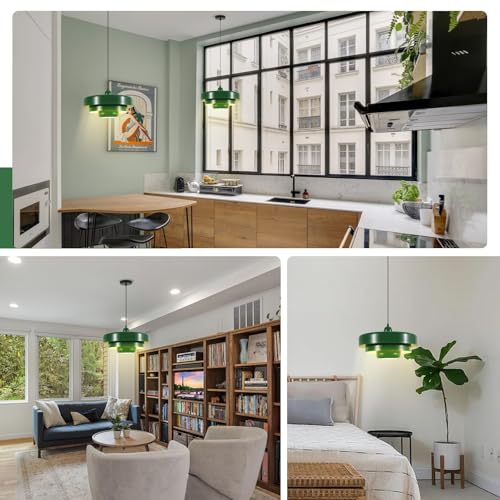 Image of 3-Tier Green Pendant Light Fixture, Mid-Century Modern Metal Chandelier Industrial Adjustable Hanging Light for Kitchen Island, Dining Room, Easy Install