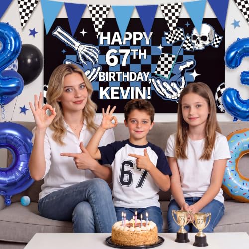 Image of Tiamon 5 Pcs 6 7 Birthday Decorations Pennant Banner 49.2 ft | I Was 6 Now I'm 7 Pennant Six Seven Meme Bunting Blue Black Checkered Triangle Flag for Baby Shower 7th Birthday Party Decor