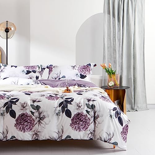 MILDLY 100% Long-Staple Cotton Duvet Cover Set Purple Hydrangea Lotus Flower Pattern Printed Comforter Cover 3pcs, Ultra Soft & Breathable Bedding Set