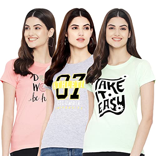 Image of Preneum Women's Cotton Regular Fit Graphic Stylish Printed Short Sleeves Casual T-Shirt || Trendy & Styles (Pack 3)