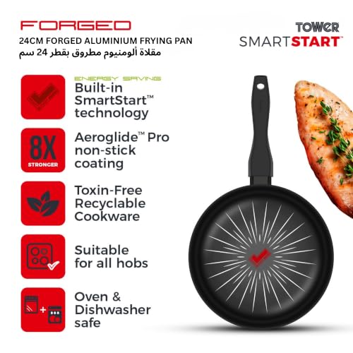 Image of Tower T800300 SmartStart Forged 24cm Aluminium Frying Pan with Easy Clean Aeroglide Non-Stick, 8x Stronger, Induction Compatible, Oven Safe, Long Lasting, PFOA Free