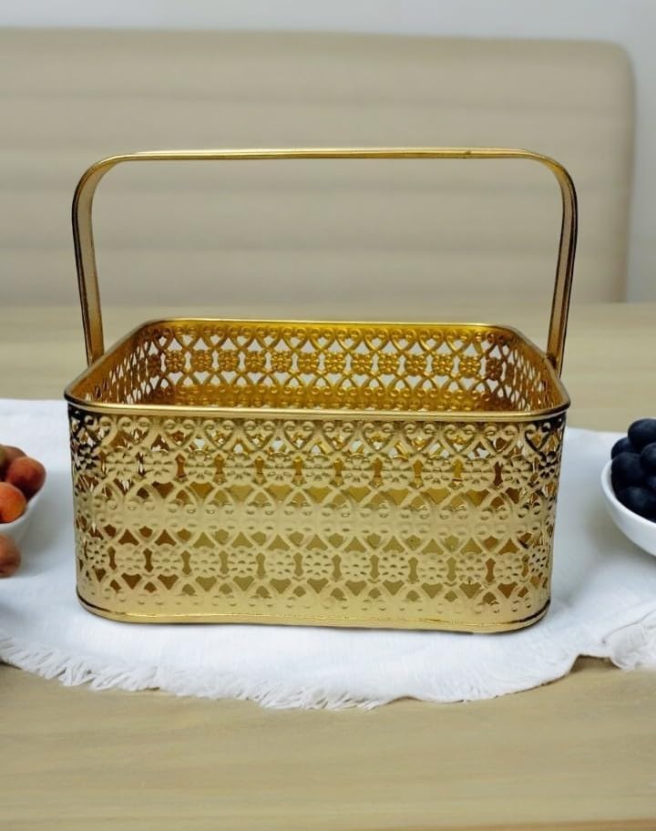 SZ Handicrafts Metal Brass Decorative Fruit Basket for Multipurpose Pooja, Storage Organizer, Gift, DIY Craft, with Foldable Handle (Rectangle)-image-20