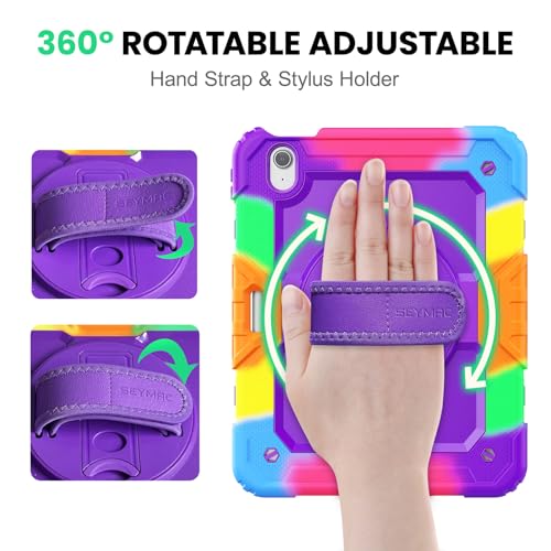 Image of SEYMAC Kids Case for iPad Air 11 Inch M4 / M3 / M2 (2026 /2025 / 2024), Heavy Duty Shockproof Protective Case with Screen Protector, Rotating Stand and Hand /Shoulder Strap, Colorful Purple