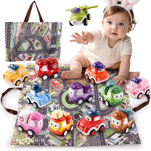Varrotoy 12 Pièces Bébé Voiture Friction de Dessin Animé,Jouet Voiture Enfant avec Tapis de Jeu,Bébé Jouet Camion Cadeau Éducatif pour Garçons et...