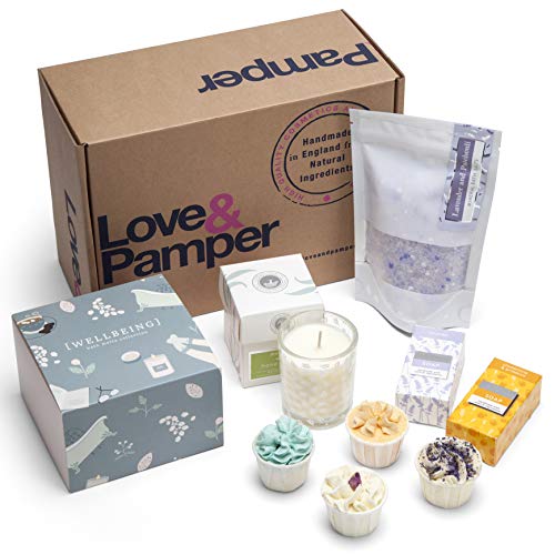 Relaxation Pampering Wellbeing Gift Set - 4 Relaxation Bath Melts, Dead Sea Bath Salts - Lavender/Patchouli Bath, Soy Wax Glass Candle - Wild Honeysuckle, Lavender Soap, Sweet Orange Soap