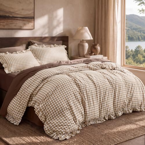 Image of Bedsure Brown Gingham Ruffle Duvet Cover Set, Cotton-Like Quilt Cover, King