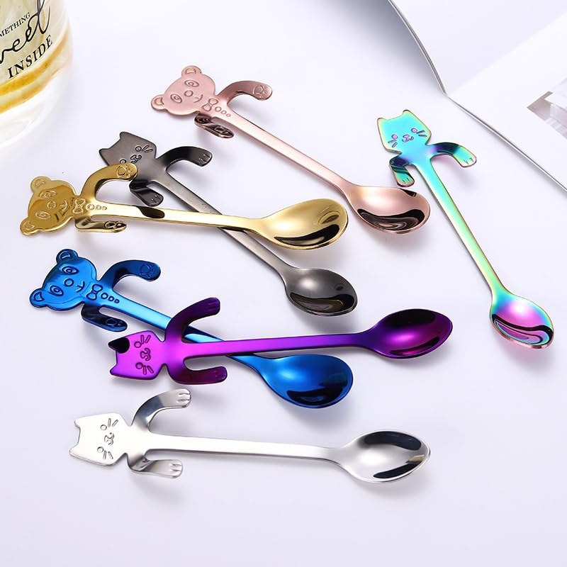 ONUIFIKE Silverware Set, 1/4/6/8pcs Creative Coffee Spoon 304 Stainless Steel Cute Cat Hanging Cup Spoon Cartoon Stirring Spoon, Home Cutlery Flatware Set(Purple,8 Pieces)