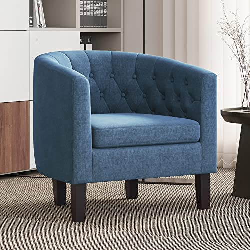Image of BELLEZE Accent Barrel Arm Chair, Modern Comfy Upholstered Tufted Club Chair with Sturdy Legs and Linen Fabric for Bedroom Living Room - Navy Blue