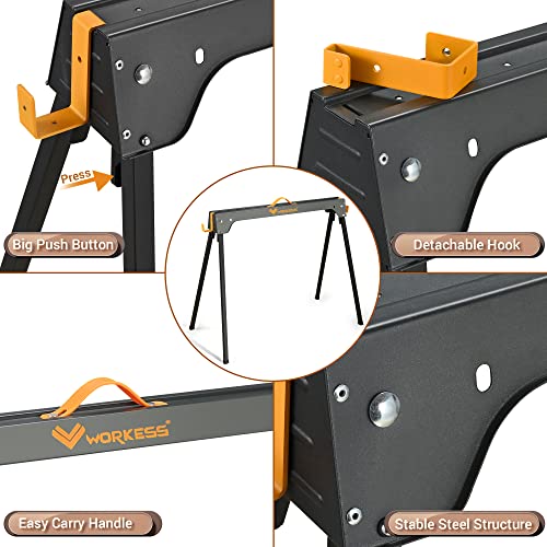 Image of WORKESS Saw Horses 2 Pack, Heavy Duty Folding Portable Saw Horses Table 2200 Lbs Load Capacity with 2x4 Support Legs, Fast Open Legs and Easy Grip Handle for Woodworking.
