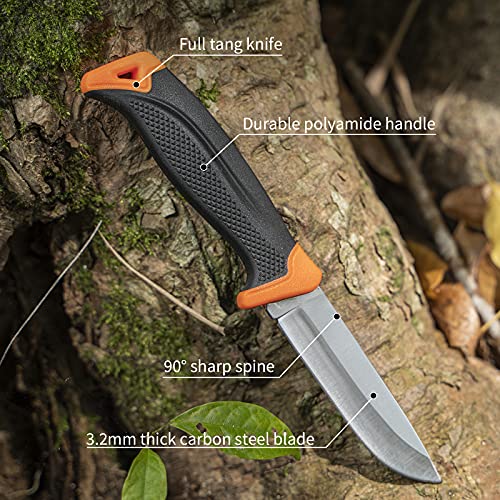 Jellas Bushcraft Knife, 8Cr Fixed Blade Knife, 9Inch Outdoor Backpacking Knife With 56Hrc Stainless Steel Blade, Non-Slip Handle, Molded Safety Sheath (Orange) #TOP3