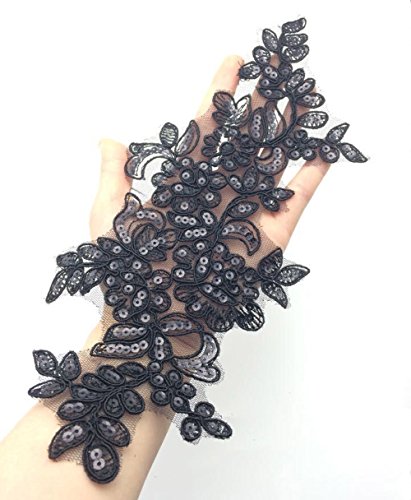 One Pair (2Pcs) Sequin Embroidered Lace Appliques Embroidery Patches For Dress Sewing Shoes Decor Supply L 10-1/2" W 4" Wide(Black) #TOP2