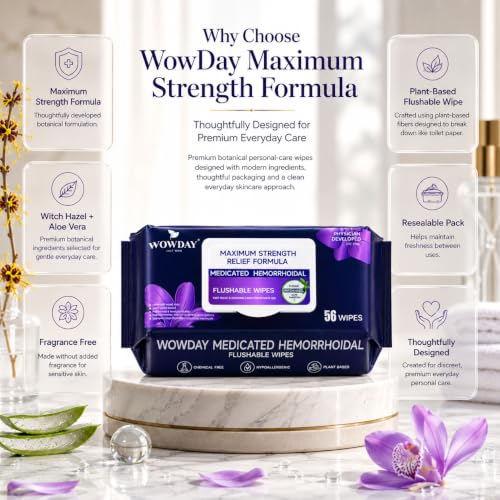 Image of Flushable Hemorrhoid Wipes | Maximum Strength Witch Hazel Wipes | 124 Count Fragrance Free Adult Hemorrhoids Medicated Witch Hazels Wipe for Butt Hemorrhoidal Itch