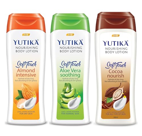 Image of Yuthika Soft Touch Body Lotion - Cocoa Nourishing, Almond Intensive, Aloe Vera Soothing | 300ML Each | Fast Absorbing, Non-Greasy, Long-Lasting Moisture