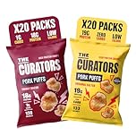 THE CURATORS High Protein Pork Puffs Mixed Pack, 10 x Original Salted, 10 x Smoky Bacon, 25g (20 Packs) High Protein Crisp Low Carb Keto Gluten Free Savoury Snack