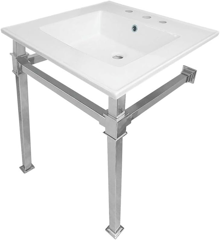 Kingston Brass KVPB25228Q7 Monarch 25-Inch Ceramic Console Sink (8" Faucet Drilling), White/Brushed Brass