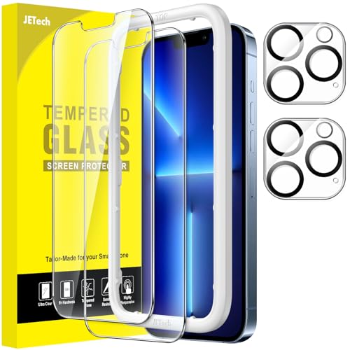 JETech Protector Pantalla para iPhone 13 Pro 6,1 Pulgadas y Protector Lente Cámara, Marco de Instalación Fácil, Cristal Vidrio Templado, 2 Paquetes Cada Uno