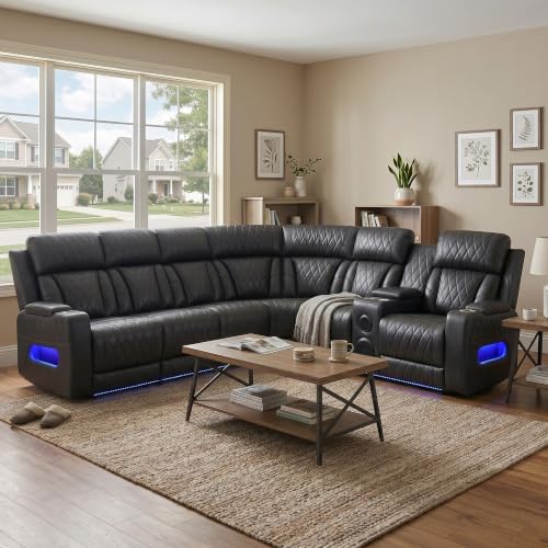 Image of Dark Grey Power Reclining Sectional Sofa with Cup Holders /Storage, 5 Seater | L-Shaped Recliner Couch with USB Charging /Storage, Home Theater Seating, Leather Furniture for Living Room, House, Apartment
