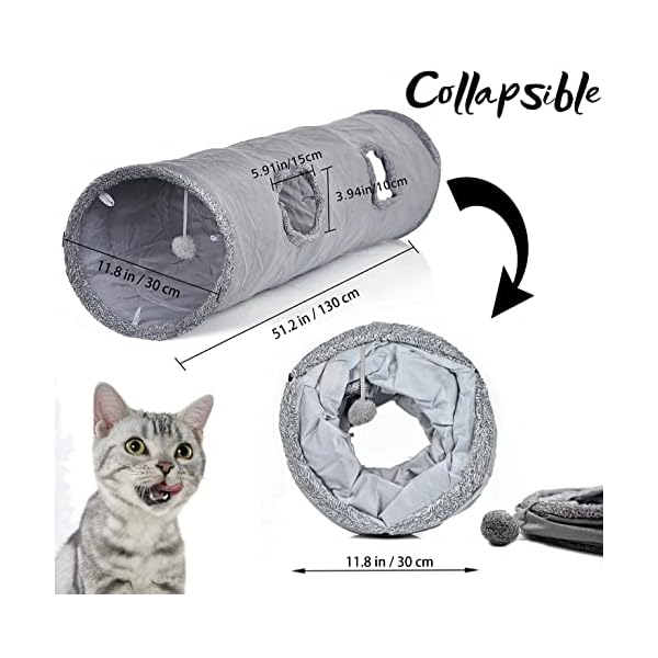LeerKing Katzentunnel große Katzen Rascheltunnel Spieltunnel Katzenröhre Katzenspielzeug für alle Katzen Kaninchen Welpen 2 Höhlen Grau 130 * 30cm – Bild 3