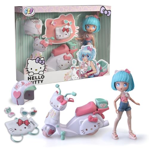 4SF - Olá Kitty Pretty Pink Scooter, boneca Fashion japonesa com mota e acessórios, figura de 19,5 cm com 15 pontos de articulação, inclui capacete e bolsa, top com microcurtos, famosa (HKTF3000)