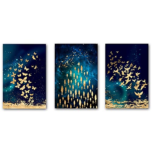 Affiche moderne papillon poisson oiseau or en lot de 3 toiles 60x90cm pour salon scandinave