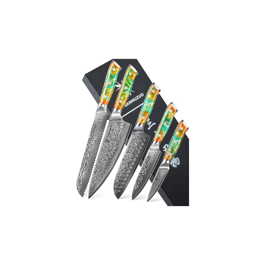 Chef-Cooking-Knives-Set-Kitchen-Knife-Set-of-5-Piece-Ultra-Sharp-VG10-Damascus-Steel-Resin-Handle-Xuan-Series-Fantasy-Orange SANMUZUO Chef Cooking Knives Set- Kitchen Knife Set of 5 Piece - Ultra-Sharp VG10 Damascus Steel & Resin Handle - Xuan Series (Fantasy Orange)