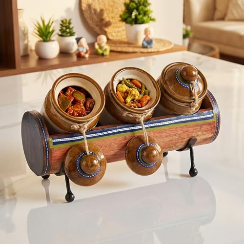 Image of AAKRITI ART CREATIONS Chatore Barni Set of 3 with Stylish Tubular Stand | Glass Achar ki Barni & Mukhwas Box | Modern Art Kitchen Storage Jar for Spice & Pickle | Traditional Achaar Barni for Kitchen