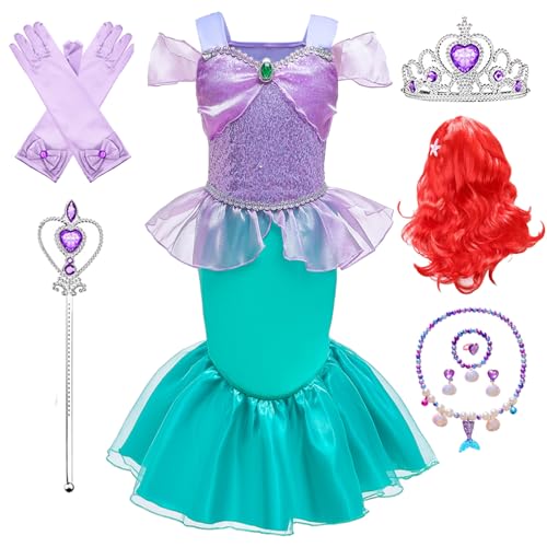 Kosplay Niñas Disfraz de Princesa Sirena con Peluca y Accesorios Vestido de Ariel Princesa Vestido de Sirena Cumpleaños Fiesta Navidad Halloween Carnaval Cosplay Vestirse Chica 100-140