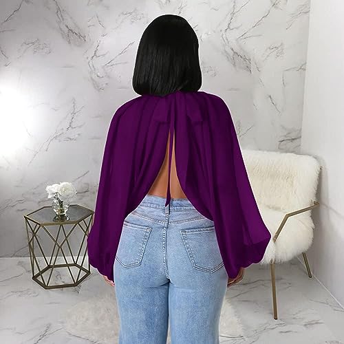 Women's Balloon Sleeve High Slit Summer Loose Chiffon Tops Irregular Blouses Tunics Front Split Cover Ups4