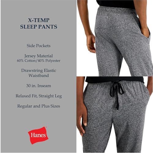 Image of Hanes Men's X-Temp Jersey Cotton Sleep Pajama Lounge Pants with Pockets, Pj Bottoms, Extended Sizes