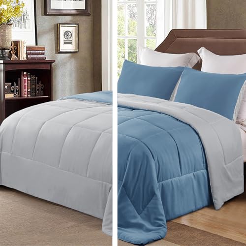 Exclusivo Mezcla Reversible Queen Size Comforter Set, Grayish Blue Lightweight All Seasons Comforters with 2 Pillow Shams, 3 Pieces